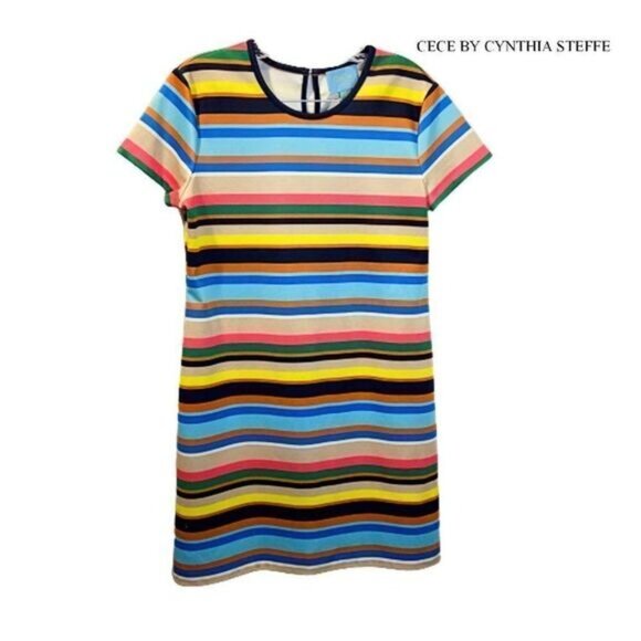 CeCe by Cynthia Steffe Women's Casual Crew Neck Short Sleeve Stripe‎ Shift - Picture 3 of 8